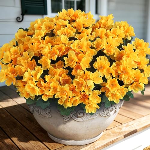 Juxdp 8 Bundles Artificial Camellia, Fake Silk Bouquet Flowers(Yellow) | Full＆Vibrant, Fade-resistant, UV-resistant＆Waterproof, for Front Door/Garden/Farmhouse/Outdoor/Home/Spring/Summer Decor - color: Yellow