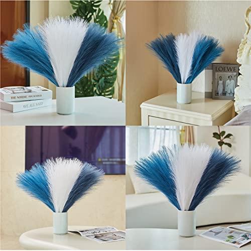 Faux Pampas Grass, 18"/45cm Artificial Pampas Grass Fluffy 6 Stem pompous Grass Flower Arrangement for Boho Home Wedding Decoration - color: Blue & White & Indigo