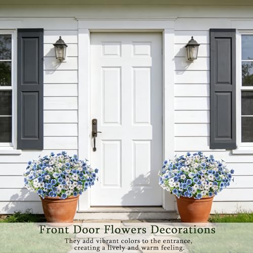 16 Bundles Artificial Flowers for Outdoors, Realistic Fake Silk Flowers for Outside, No Fade Faux Eucalyptus Plants for Outdoor Planter, Window Box, Hanging Basket - Porch Patio Garden Decor - color: White+blue, size: 16PCS