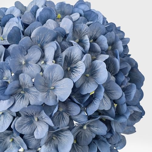 JINWOE Retro Blue Silk Artificial Hydrangeas Flowers, 4PCS 21" Vintage Large Lifelike Faux Flowers, Full Fake Flowers for Outdoor Porch Bouquet Table Centerpieces Wedding Home Indoor Baby Showers - color: Grey Blue