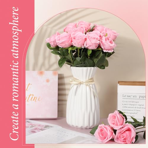 Hotop 40 Pcs Rose Artificial Flowers Bulk with Long Stem,Realistic Silk Fake Roses Bouquet for Home Wedding Centerpieces Party Table Decoration Valentines Gifts(Pink) - color: Pink