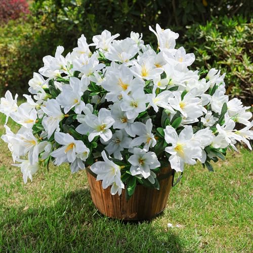 INSPRING Artificial Fake Spring Flowers for Outdoors Decoration, 3 Bundles Faux Azalea Plants Flower Look Real UV Resistant Silk Flowers for Outside Planters Patio Porch Garden Yard Window Home, White - color: White