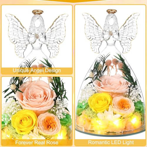 Mothers Day Rose Gifts for Women Preserved Real Flower in Glass Angel Figurines Roses for Delivery Prime Birthday Gifts for Mom Grandma Girlfriend Wife Her, Champagne Austin Roses - color: Champagne With Austin Roses