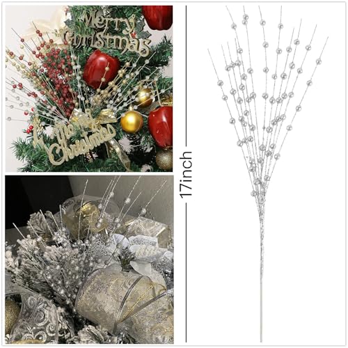 Artificial Berries Stems Ornaments 17 Inch, Sparkling Christmas Tree Picks, Glittery Berry Stems Fake Plant Picks and Branches for Xmas Wreath Ornaments Holiday Home DIY Decor - Silver 10 Pack - color: Glitter Berries Stems Sticks - Silver 10 Pcs