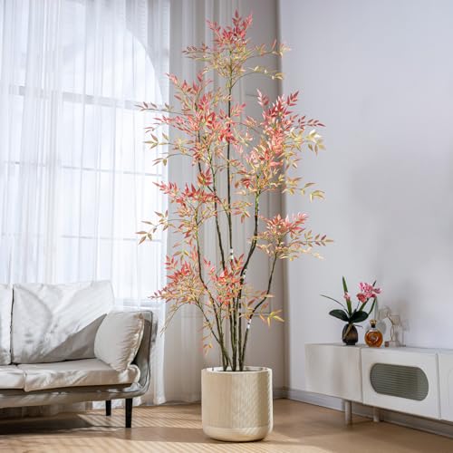 7.2ft Faux Bamboo Tree Artificial Nandina Tree Artificial Indoor Plants Realistic Fake Potted Tree with 800+ Leaves, Cement Planter - Home Office Decor Perfect for Housewarming Gift Non-Toxic - color: Red, size: 7ft 2in