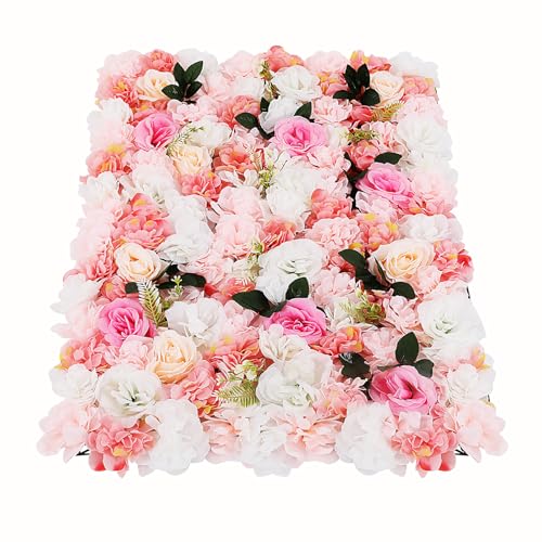 DNYSYSJ Flower Wall 12PCS 23.62" x 15.75" x 0.79" Lifelike Pink Hydrangea Artificial Pink Rose Flowers Panel Silk Fabric Wall Mat - color: Pink and White, size: 12 pieces