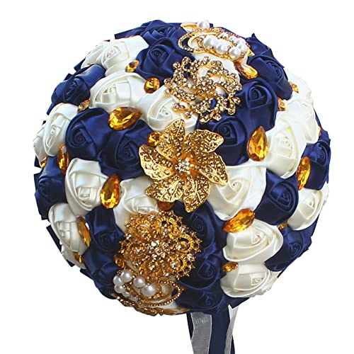 Handmade Wedding Bouquets for Bride Bridesmaid Brooch Artificial Holding Flower Tossing Bouquet（Ivory/Navy,18cm,1PC - color: Ivory/Navy, size: 18CM/7.1''