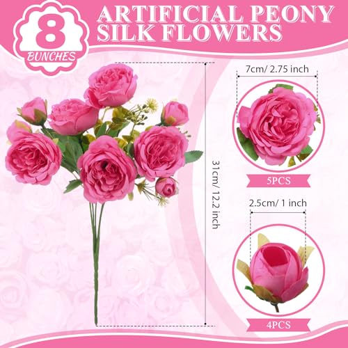 8 Bundles Artificial Peonies Flowers Boho Faux Flowers Arrangements Artificial Centerpiece Spring Bouquet Floral Wedding Decoration for Vase (Hot Pink) - color: Hot Pink