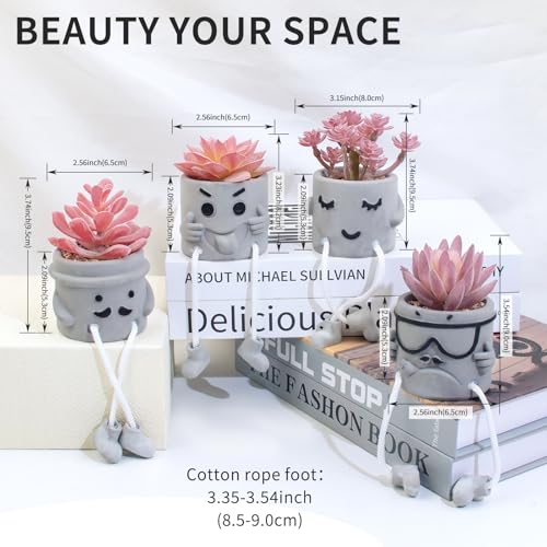 Set of 4 Artificial Potted Mini Succulent Plants - Small Fake Succulents in Hanging Leg Cement Pots, Desk/Bathroom/Bookshelf/Wall Decor for Home Office, Cute Office Decor for Women (Pink) - color: 4small-cool-pink