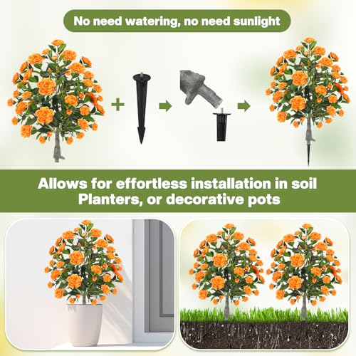 Lunmon 2 Pack 3ft Artificial Camellia Plants Tree 36" Faux Camellia Flower with Spike UV Resistant Realistic Fake Floral Blooming Bush for Indoor Outdoor Front Door Porch Backyard Garden, Orange - color: Orange, size: 3 ft