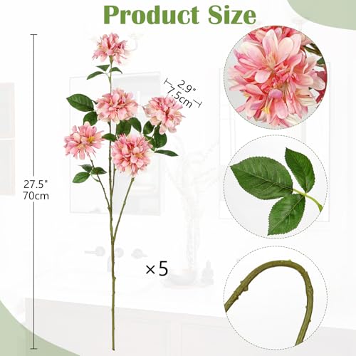 5 Pcs 27" Artificial Silk Flowers for Vase, Realistic Faux Floral Arrangement with Long Stems, Fake Rosa Banksiae Flower DIY for Wedding Centerpiece, Home Party Indoor Vase Decor - Pink - color: Pink