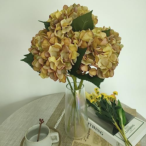 Hydrangea Artificial Flowers,6 Pcs Faux Hydrangea Flowers,Artificial OchreYellow Hydrangeas Flowers with Stems,Fake Hydrangeas,Yellow Silk Flowers with Stems for Home Decor - color: Ocher Yellow