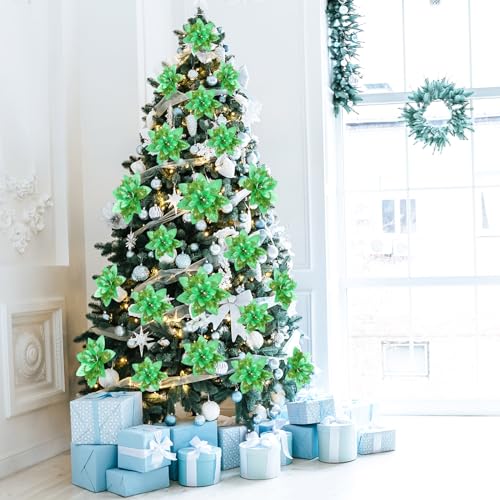 Geosar 36 Pcs Christmas Glitter Artificial Poinsettia Flowers Xmas Poinsettia Artificial Wedding Flowers Decorations Xmas Tree Ornaments with Clips for Party, 6 Inch, 4 Inch, 3 Inch(Emerald Green) - color: Emerald Green