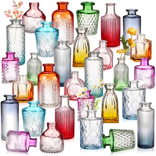 Yaomiao 30 Pcs Vases Bulk Colored Flower Glass Vases Bud Vintage Colored Glass Bottles Colorful Rustic Embossed for Home Wedding Table Decorations Gifts(Color Gradient Series) - color: Color Gradient Series