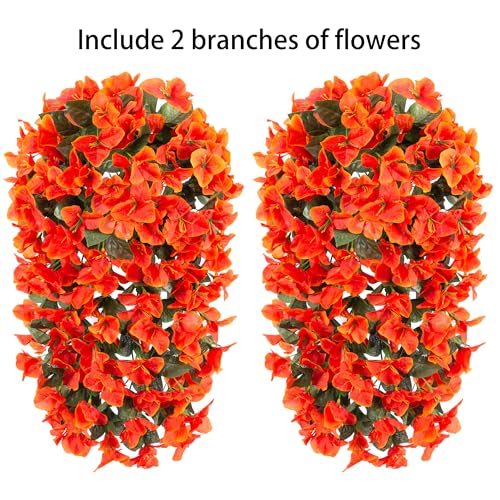 Bougainvillea Artificial Hanging Flowers Plants for Outdoors Fall Autumn Decor, 2pcs Fake Flowers Silk Bougainvillea Vines Realistic UV Resistant Faux Flowers for Outdoor Planters Porch Patio Gardens - color: Orange