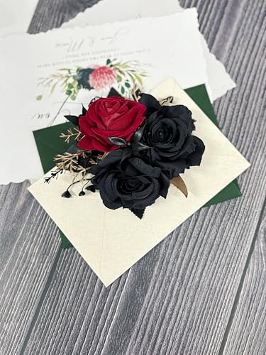 Wedding Flower Set with Rose Corsage and Boutonniere for Men (Black & Red) - color: Black & Red