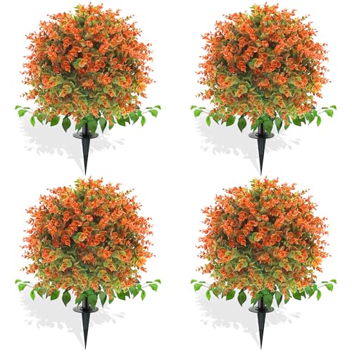 28" Artificial Fall Flower Bushes with Ground Stakes – Artificial Topiary Tree with Eucalyptus Orange Faux Floral Plants with Autumn Leaves for Outdoor Thanksgiving, Garden, Pathway, Porch Décor - color: Orange