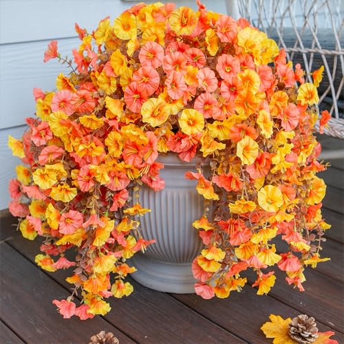 2 PCS Artificial Faux Fall Hanging Flowers Plants for Outdoor Decor,Fake Silk Morning Glory with Eucalyptus UV Resistant Mums for Wall Home Porch Patio Balcony Yard Indoor Decor (Fall Orange+Yellow) - color: Fall Orange+yellow