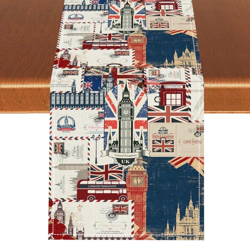 British Table Runner, Vintage England Buildings London Culture Element Retro Envelope Stamps Coffee Table Center Decor for Home Kitchen Dining Patio Holiday Party Table Decorations 13x36 inches - color: Tr-england06, size: 13x36" Table Runner