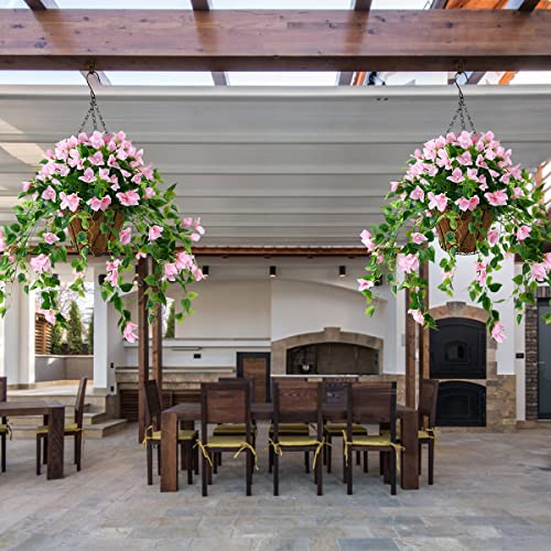 Homsunny Artificial Hanging Flowers Plants Basket for Outdoor Decoration,4 PCS Faux Silk Bougainvillea Vine Flowers Look Real UV Resistant for Outside Porch Patio Yard Garden Decor(Pink - color: Pink