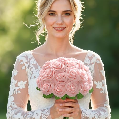 Lifewit Artificial Flowers, 25 Pcs Blush Foam Real Looking Roses with Stems, Fake Roses for DIY Wedding Bouquets, Centerpieces Arrangements, Valentine Decorations - color: Blush