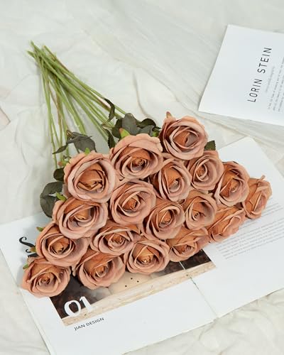 DuHouse 50pcs Artificial Fall Silk Roses with Stems,Fake Flowers for Wedding Decorations, Table Centerpieces, Bridal Bouquets, DIY Floral Arrangements, Party & Home Decor (Burnt Orange-A) - color: Burnt Orange-a