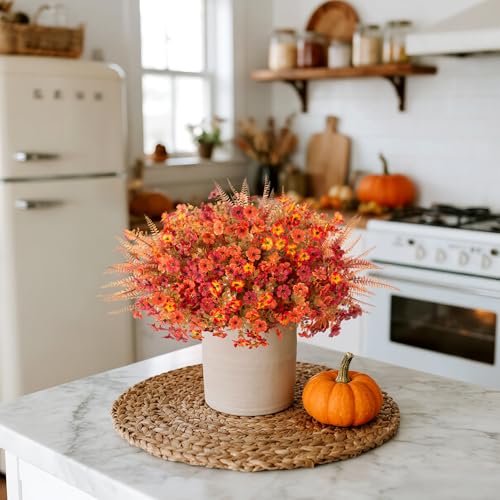 12 Bundles Fake Mums Fall Flowers Artificial for Outdoors Decoration Artificial Mums Faux Plants Daisy for Outdoor Outside Planters UV Resistant Violets for Fall Decor Home Porch Door Front Patio Yard - color: Z2-orange, Autumn Red, Sunset Blush, Fernwood