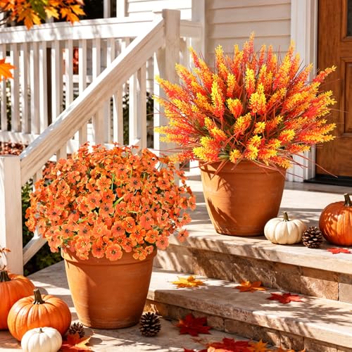 AmyHomie 16 Bundles Fall Orange Artificial Lavender Flowers with Monkey Grass, UV Resistant Faux Greenery for Outdoor Patio, Fall Planters, Autumn Garden, Farmhouse Decor & Thanksgiving Arrangements - color: Lavender Fall Orange, size: 16