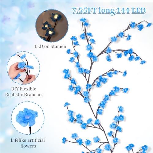 7.55 FT 144 LED Blue Cherry Enchanted Willow Vine Lights,Cherry Blossom Light with Remote Timer,8 Lighting Modes,LED Tree Branch Lights for Wall,Cherry Blossom Wall Decor for Bedroom Living Room - color: 144 LED Blue cherry blossom