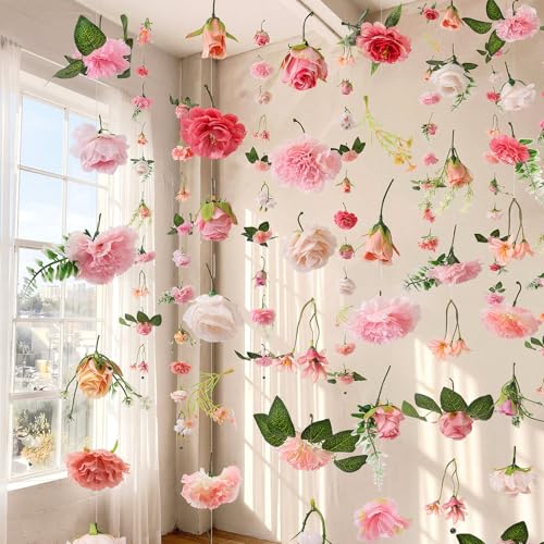 Suncalla 12 Pcs 70.8 ft Wildflower Garland Pre Strung Artificial Hanging Flower Vine Backdrop Decor from Ceiling Floating Silk Floral Garland for Garden Wedding Bridal Shower(Bright,Pink) - color: Pink, style: Bright