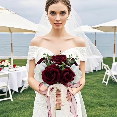 9in Wedding Bouquets for Bride Bridesmaid, Burgundy & White Artificial Roses Flowers Bouquet for Rustic Church Boho Wedding or Centerpieces Decoration