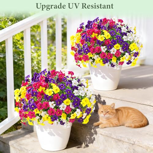 Artificial Flowers for Outdoors, 12 Bundles Mixed Color Artificial Petunias Fake Flowers for Outside, UV Resistant Realistic Silk Flowers for Decorations, Outdoor Faux Flowers Plants for Garden Porch - color: Mixed 4 Colors, size: 12 Pack