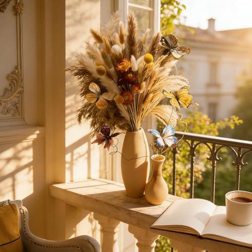 Fall Dried Flower Bouquet with Pampas Grass & Butterflies Arrangement | Boho Fall Decor for Autumn Home,Vase,Moody Office,Table Centerpiece Indoor Décor - color: Fall