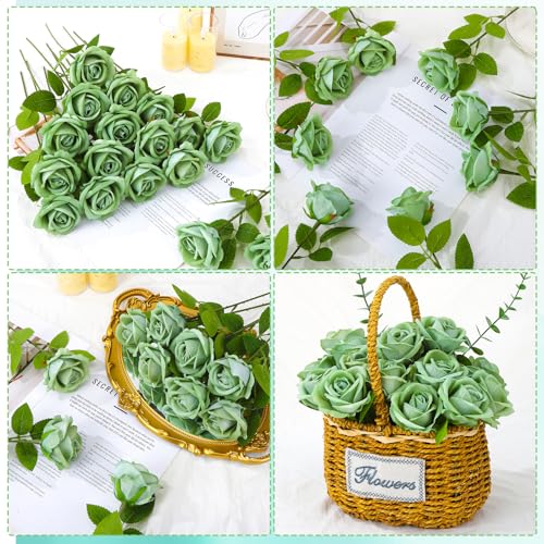 36 Pcs Velvet Texture Sage Green Artificial Flowers Bridal Bouquet, Fake Rose Long Stem Realistic Flowers Bulk for Valentine's Day Wedding Bouquet Ball Arrangement Centerpiece Party Home Deco - color: Sage Green