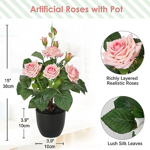 Hollyone Artificial Plants & Flowers in Vase Pink Roses Artificial Flowers Potted Plant Faux Silk Flower with Pot Fake Rose Flower Arrangement Home Decor Office Bathroom Shelf Desk Decoration 15 Inch - color: Rose 1 - Pink (15inch)