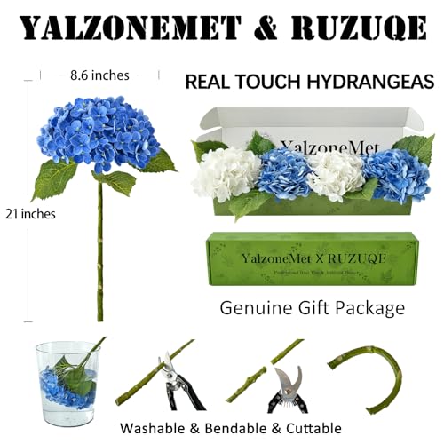 YalzoneMet 4Pcs Real Touch Hydrangea Artificial Flower Natural Lifelike 21'' Latex Long Stem Latex Hydrangea Flower Bouquets for Home Party Wedding Table Centerpiece Decor（2 White+2 Dark Blue） - color: White Dark Blue