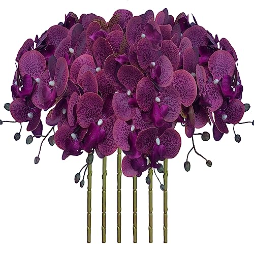 FagusHome 32 Inch Artificial Phalaenopsis Flowers 6 Pcs Artificial Orchid Flowers Stem Plants for Home Décor (Purple Piebald), FH1000143 - color: Purple Piebald