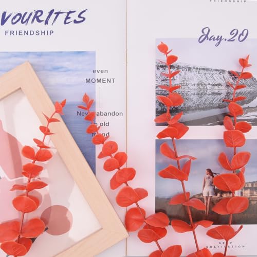 FEQO 36 Pcs Orange Eucalyptus Stems Artificial Leaves Faux Eucalyptus Stems Branches 15 inch for Wedding Bouquet Home Decor - color: Orange, size: 36 pcs