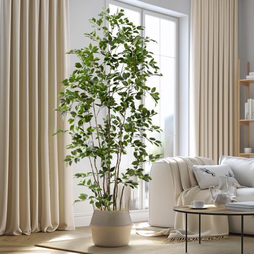 Bailikang Artificial Ficus Tree Indoor 8ft, Large Potted Faux Tree with Realistic Silk Leaves & Trunk for Home Office, Living Room Corner Decor - color: Green, size: 8ft