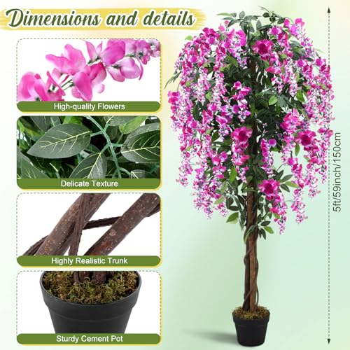 Thiccywoov 1 Pack 5ft Artificial Wisteria Tree Tall Fake Tree with Cement Base Pot Faux Floor Plant Decoration for Indoor Outdoor Home Office Housewarming Gift(Rosy Pink) - color: Rosy Pink