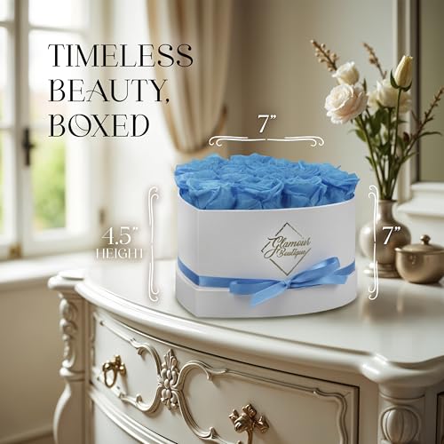 GLAMOUR BOUTIQUE Preserved Roses in a Box - Gifts for Her, Wife & Mom, Rose Flowers Forever Decor for Birthday Gift, Get Well Flower Bouquet Cased in White Box with Cover - Teal - 16 (Color-Treated) - color: Teal, size: 16 Roses Heart Box