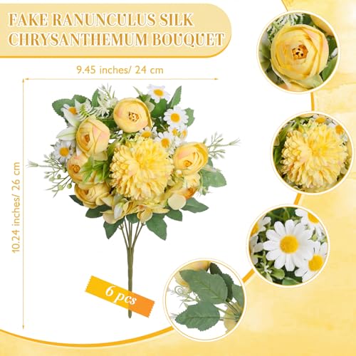 Tigeen 6 Pcs Bundles Artificial Bouquet Flowers Artificial Peonies Faux Roses Hydrangea Flowers Bouquet for Wedding Table Centerpiece Floral Vase Decor (Orange,Yellow) - color: Orange, Yellow