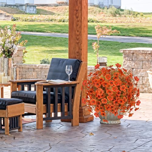 ICX 2 PCS Artificial Boxwood Topiary Ball Trees, 23.6" Outdoors Fake UV Resistant Plants with Fall Camellia Flowers Faux Eucalyptus Shrubs Bushes for Porch Patio Garden-Orange - color: Fall Orange