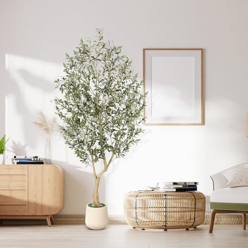 Realead 7ft Artificial Olive Tree with Tall Exquisite Planter - Realistic Fake Olive Tree with Thick Trunk and Lifelike Fruits - Large Faux Olive Tree for Home Office Decor - size: 7ft