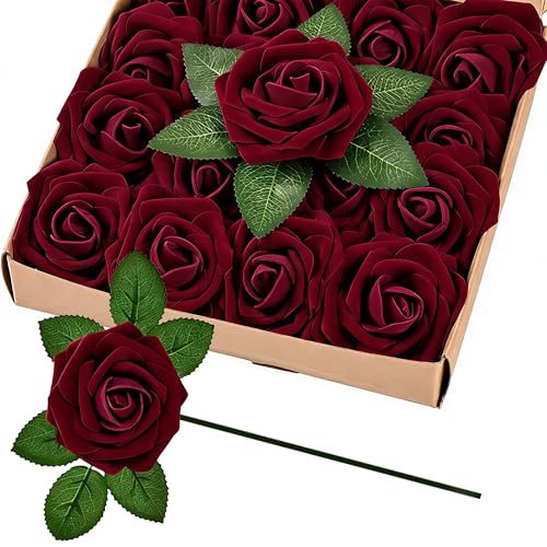 30pcs Real Looking Burgundy Foam Artificial Roses with Stems, Fake Rose Flowers for DIY Wedding Bouquets Bridal Shower Centerpieces Home Party Tables Valentine's Day Mother's Day Decor Gift - color: 30pcs Burgundy