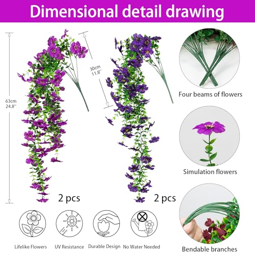 4Pcs Artificial Flowers Hanging Garden Decoration Outdoors Spring Realistic Plants Silk Flower Summer Fake Flowers for Porch Patio Balcony Planter Yard (Purple+Violet) - color: Purple+violet