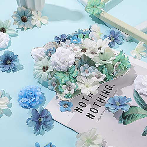 Cindeer 217 Pcs Mini Silk Flower Heads Bulk, Small Fake Flowers for Crafts Artificial 3D Loose Fabric Flower for Crafts DIY Wedding Party Hair Cap Dresses Decorations(Blue Series) - color: Blue Series