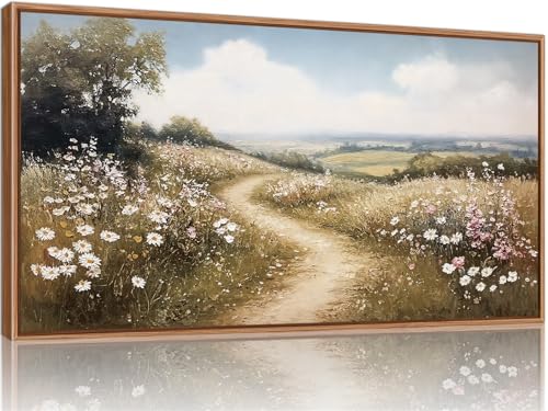 Rantodecor Rustic French Country Framed Canvas Wall Art, Vintage Flower Field Wall Decor, Calming Nature Landscape Art Paintings, Modern Wildflower Artwork for Farmhouse Bedroom Living Room 40"x20" - color: Rustic French Country, size: 40"L x 20"W