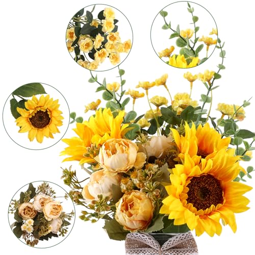 CEWOR Fake Flowers in Vase, Artificial Flowers with Vase Faux Silk Floral Arrangement Table Centerpieces Decor for Home Office Dining Farmhouse Coffee Table Living Room Bathroom Plant Decor(Yellow) - color: Yellow