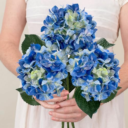 3PCS Blue Silk Hydrangea Artificial Flowers，Fake Flowers & Faux Floral Bulk Bouquet for Home Decor Bathroom Table Centerpiece Shelf Decorations (Blue) - color: Blue